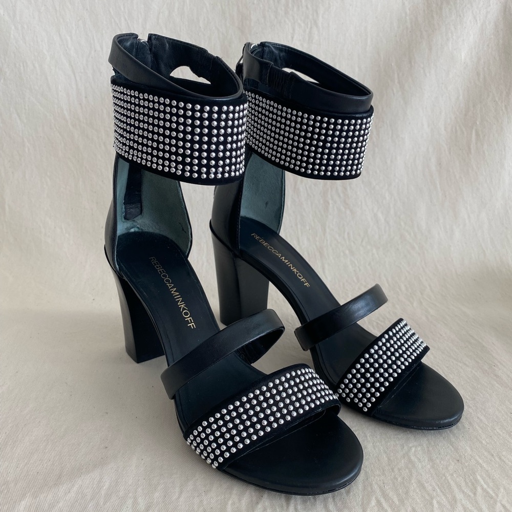 Rebecca Minkoff Black Leather & Silver Studded Heeled Sandals with Ankle Strap